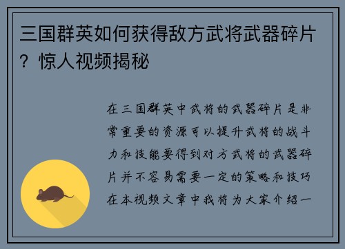 三国群英如何获得敌方武将武器碎片？惊人视频揭秘