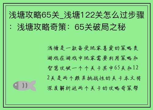 浅塘攻略65关_浅塘122关怎么过步骤：浅塘攻略奇策：65关破局之秘